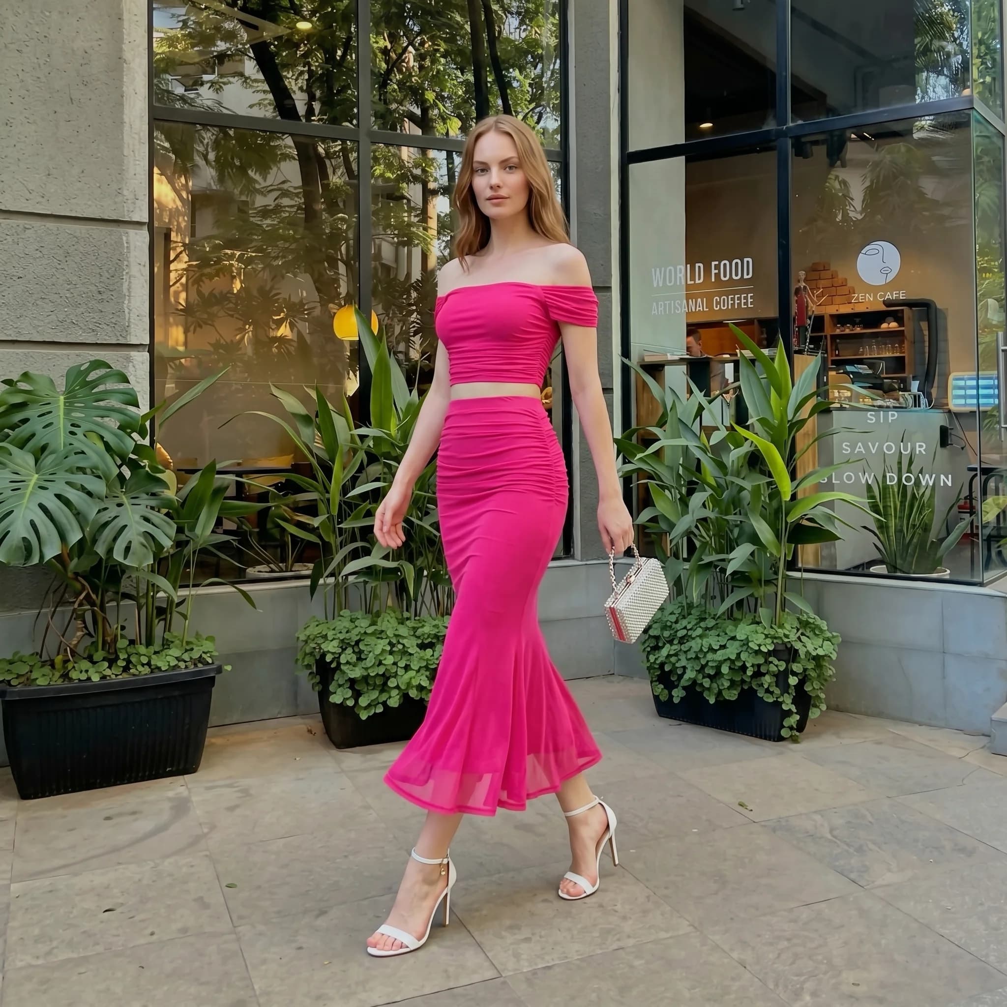Model in pink outfit outside a café