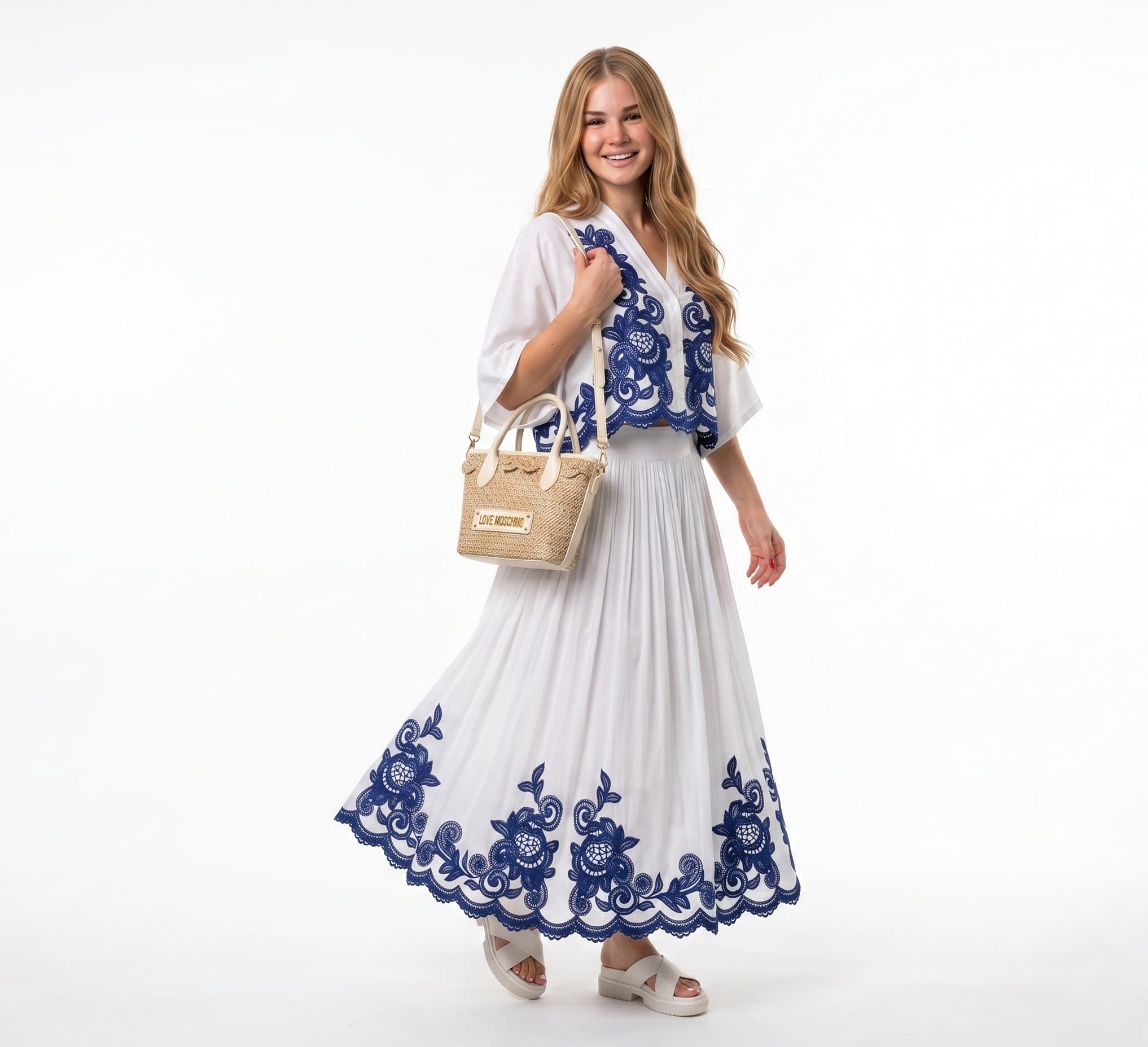 Straw handbag with embroidered dress