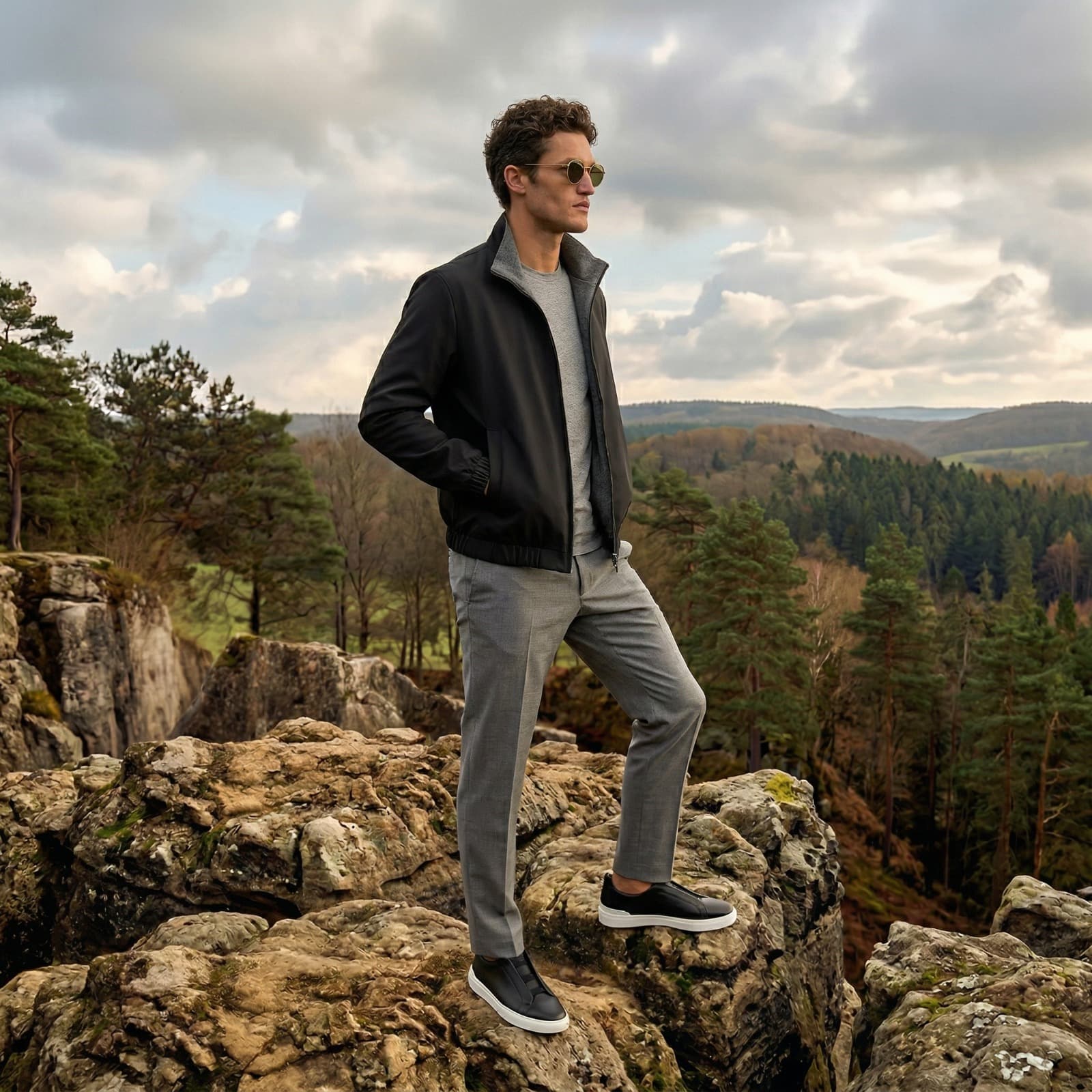 Man in black bomber jacket, outdoor campaign