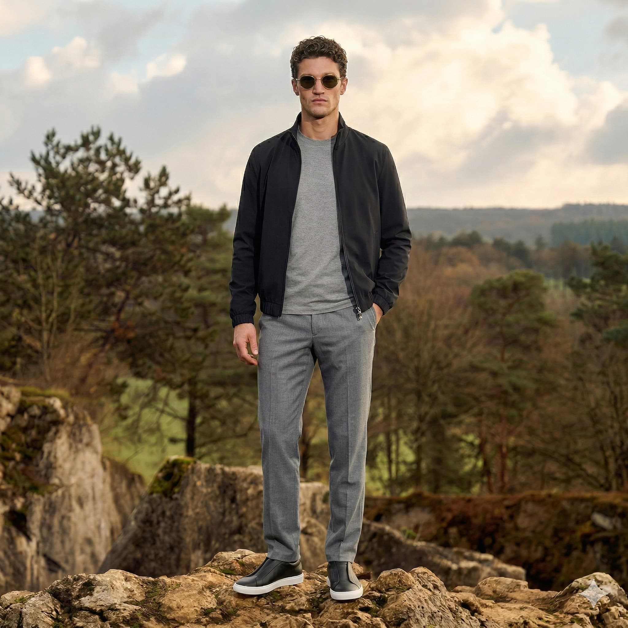 Man in black bomber jacket, outdoor campaign