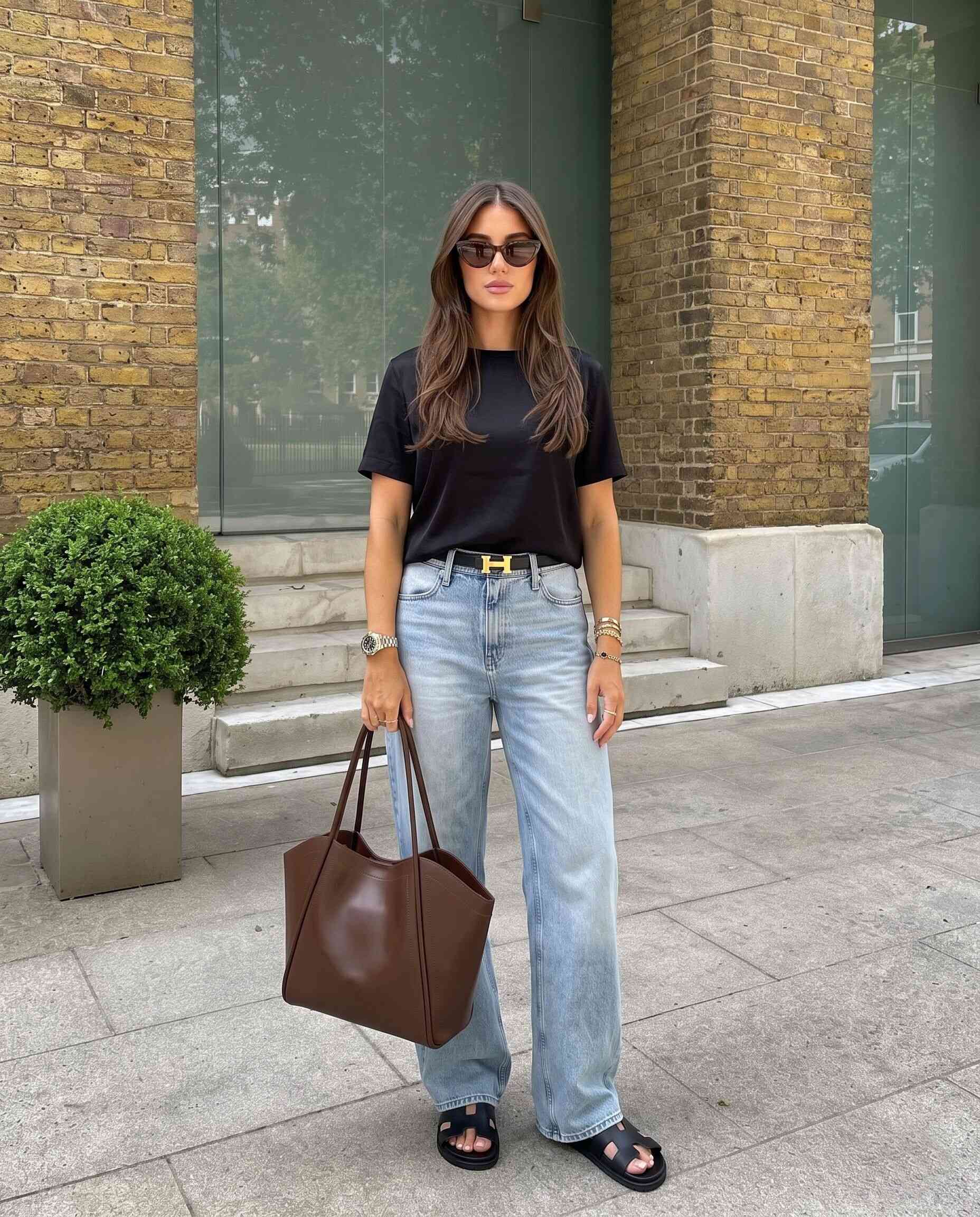 AI handbag photo — women's luxury bag styled on model in editorial environment
