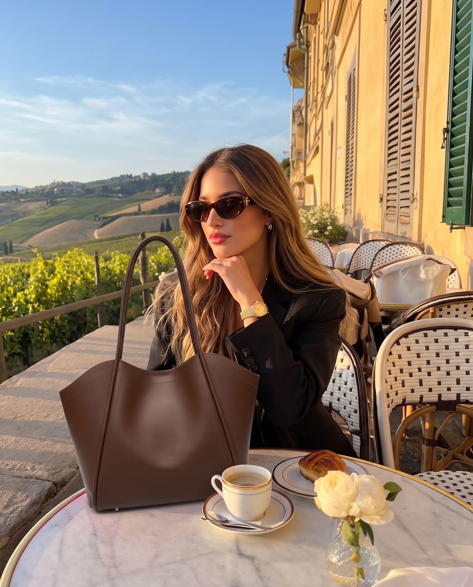 AI handbag photo — women's luxury bag on model, second editorial look