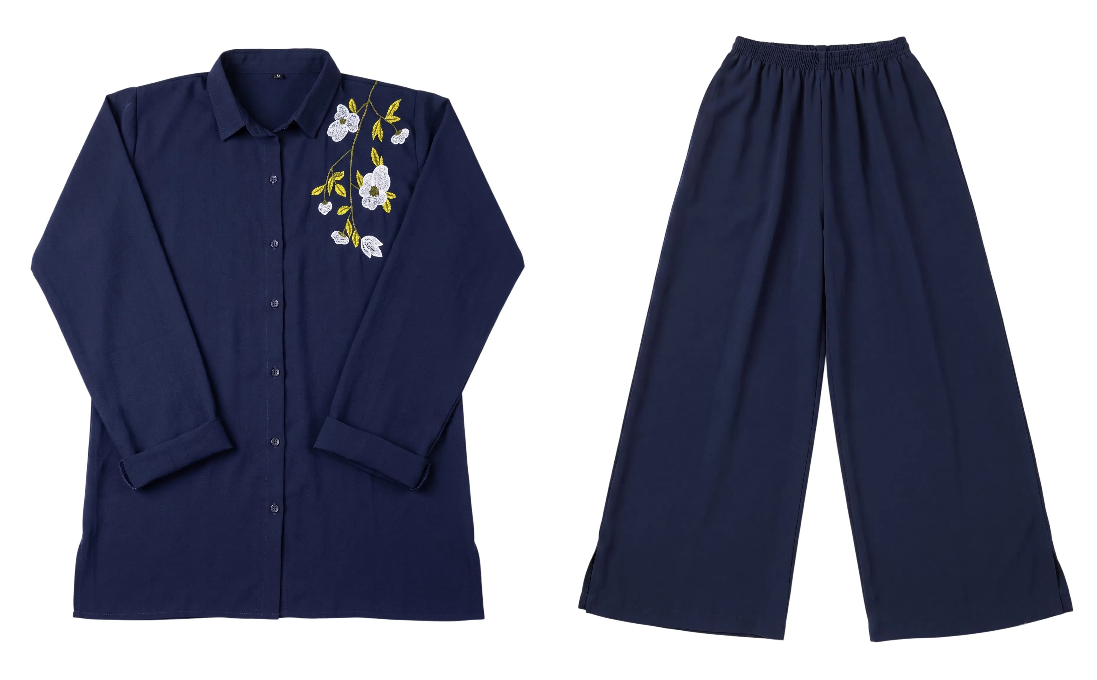 Flat product photo of female shirt and trouser set
