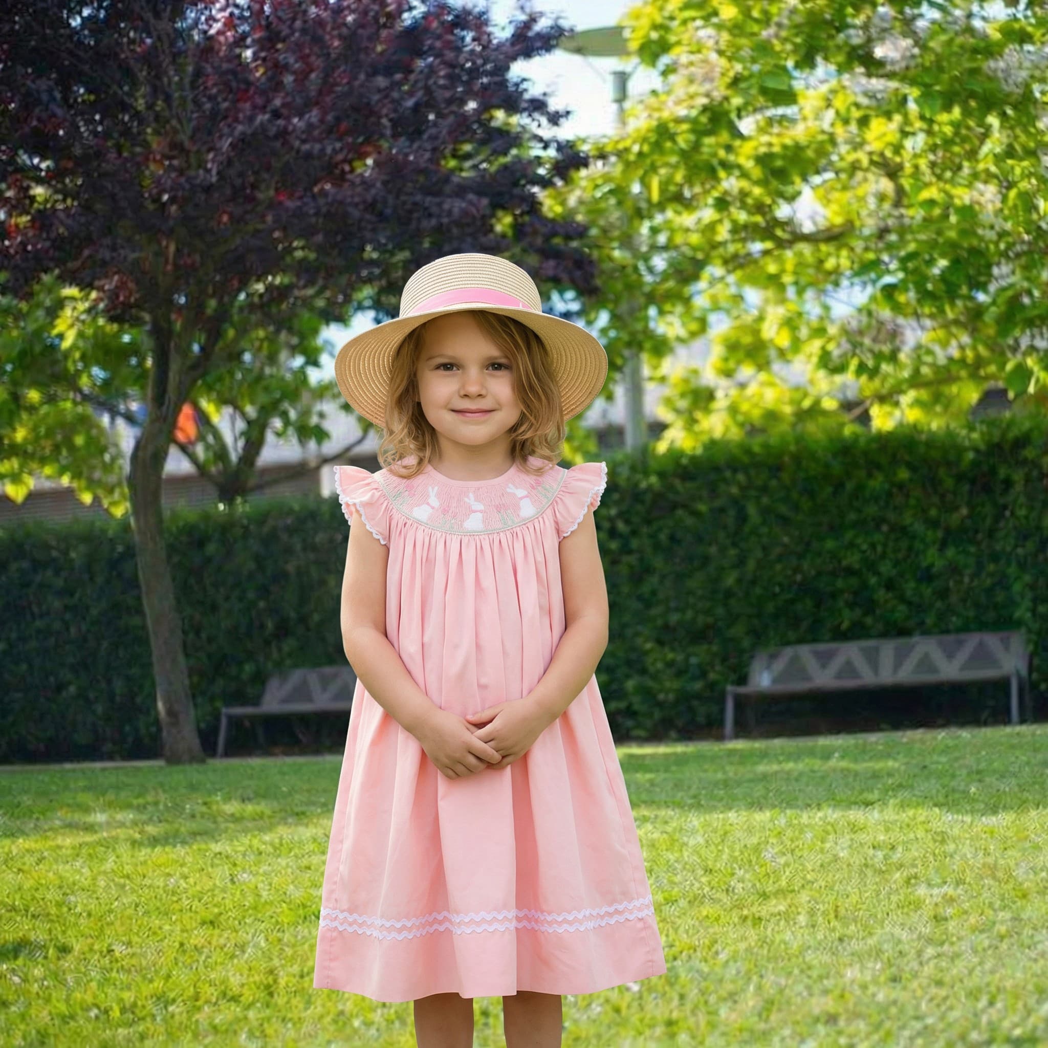 Little girl in pink embroidered dress standing in garden
