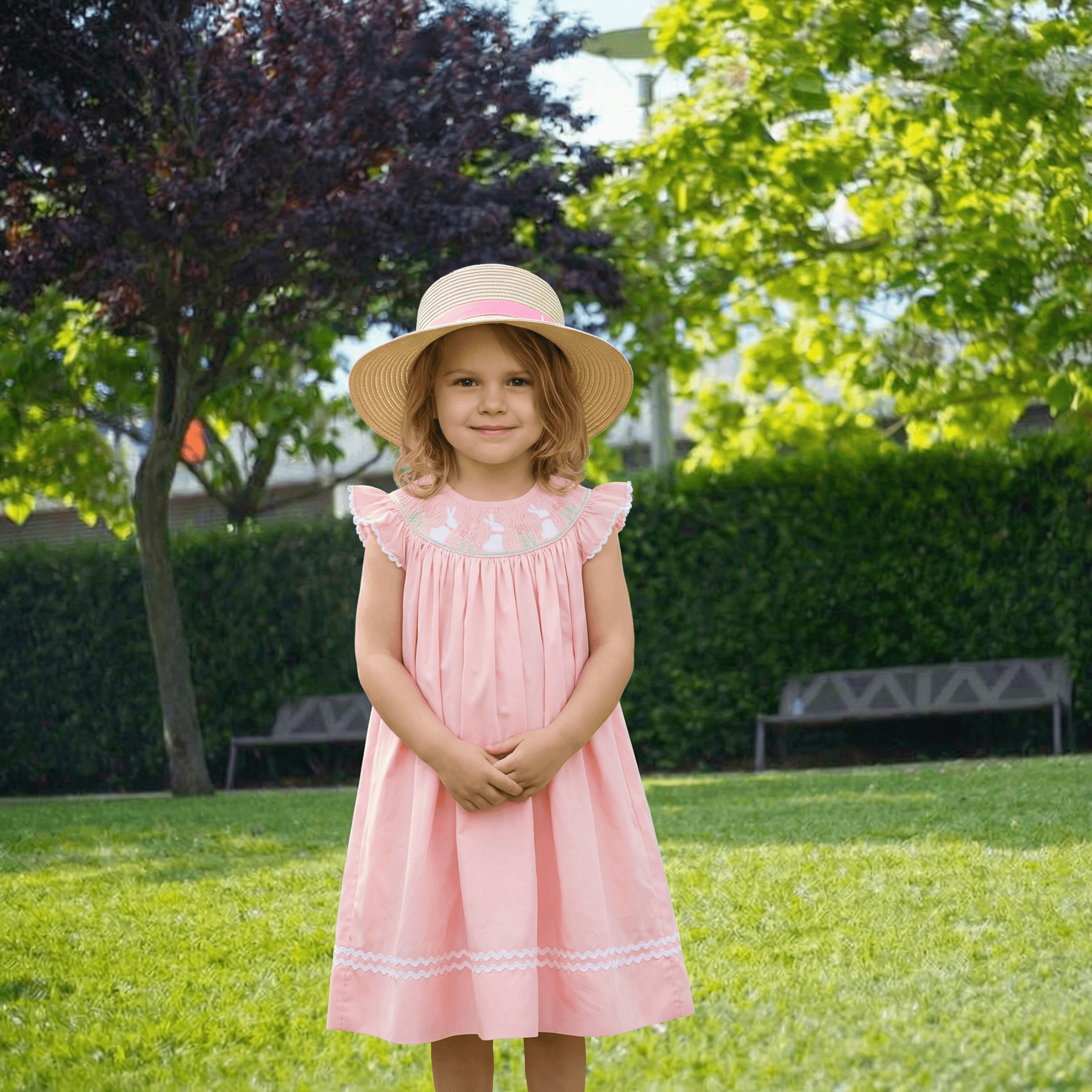 Little girl in pink embroidered dress standing in garden