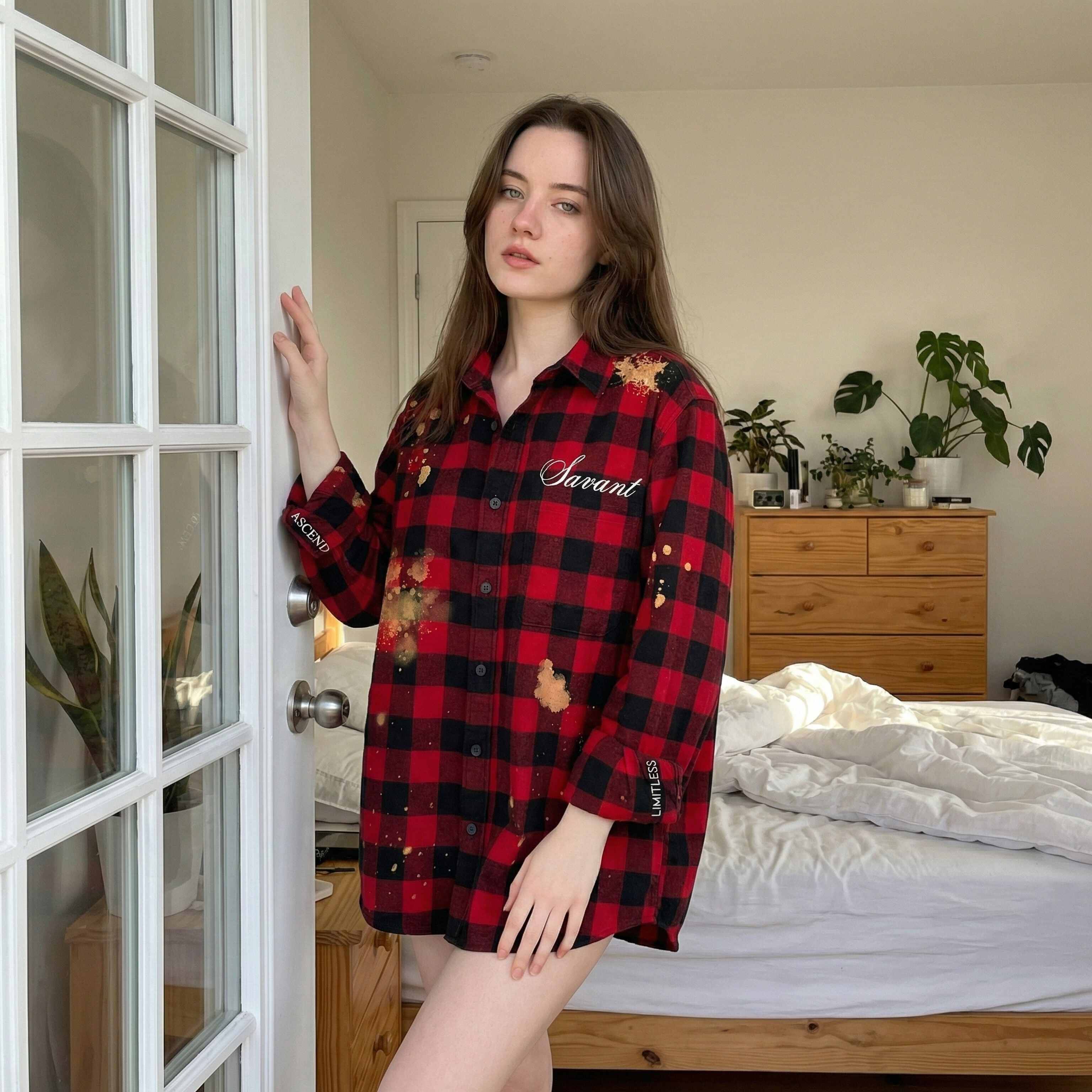 Woman in red plaid shirt, indoor lifestyle scene