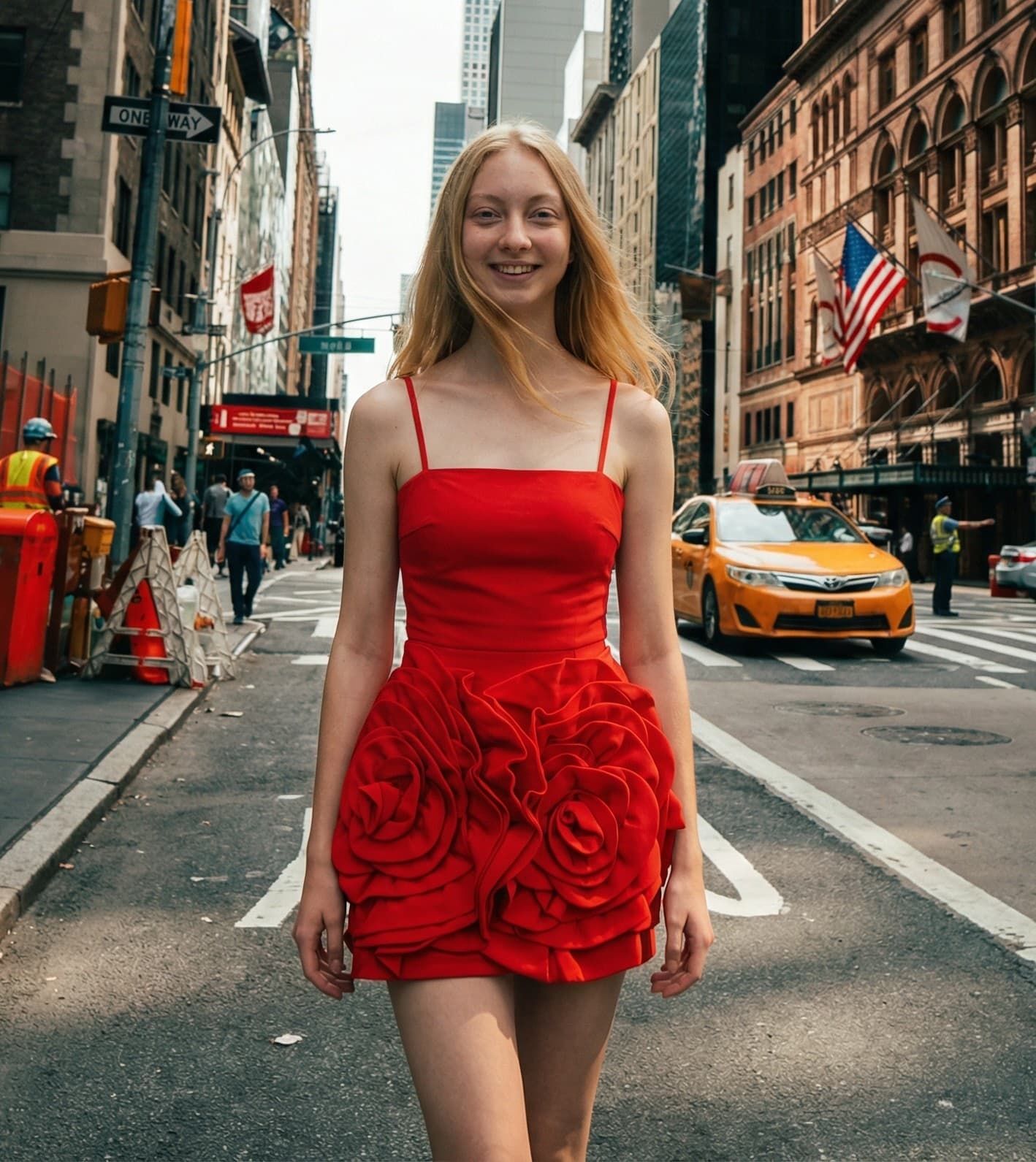 AI lifestyle photo — red rose dress on model in NYC street