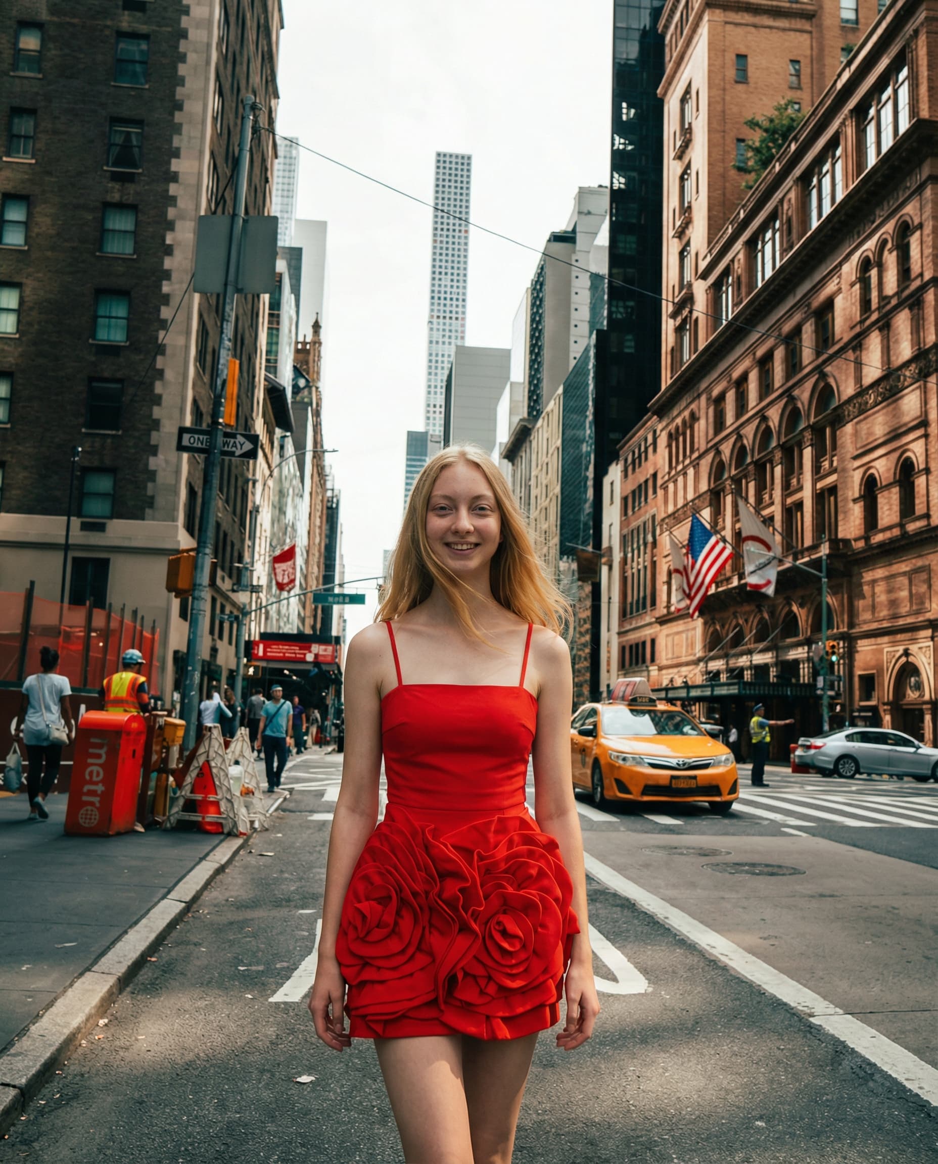 Model in red dress on NYC street