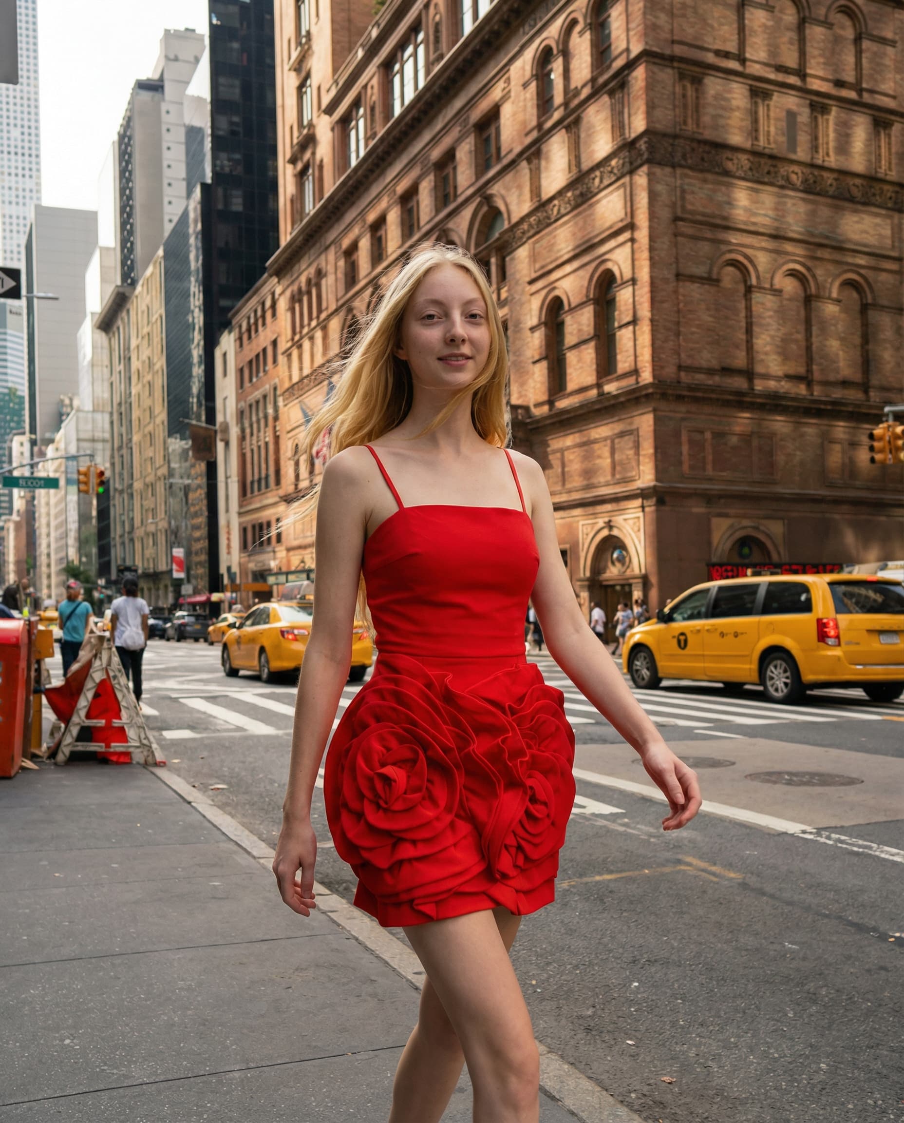 Model in red dress walking in New York