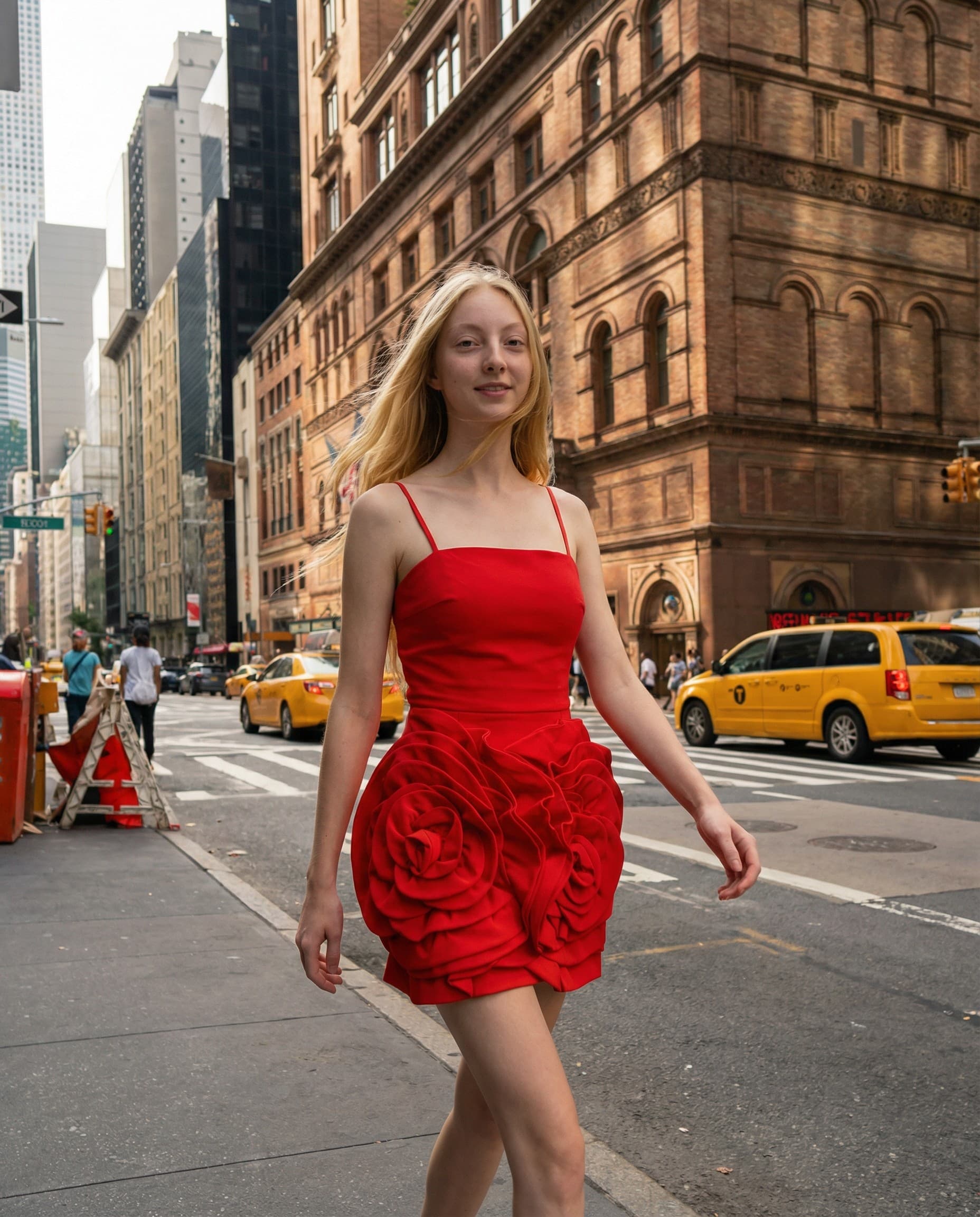 AI lifestyle photo — red rose dress on model in NYC street second look