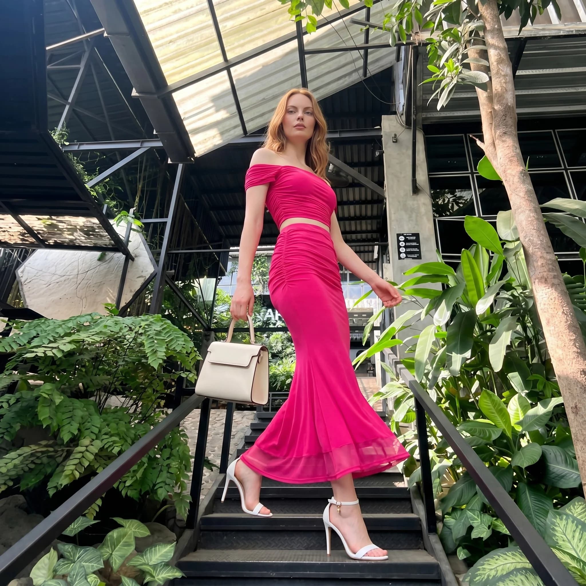 Fuchsia two piece campaign on stairs