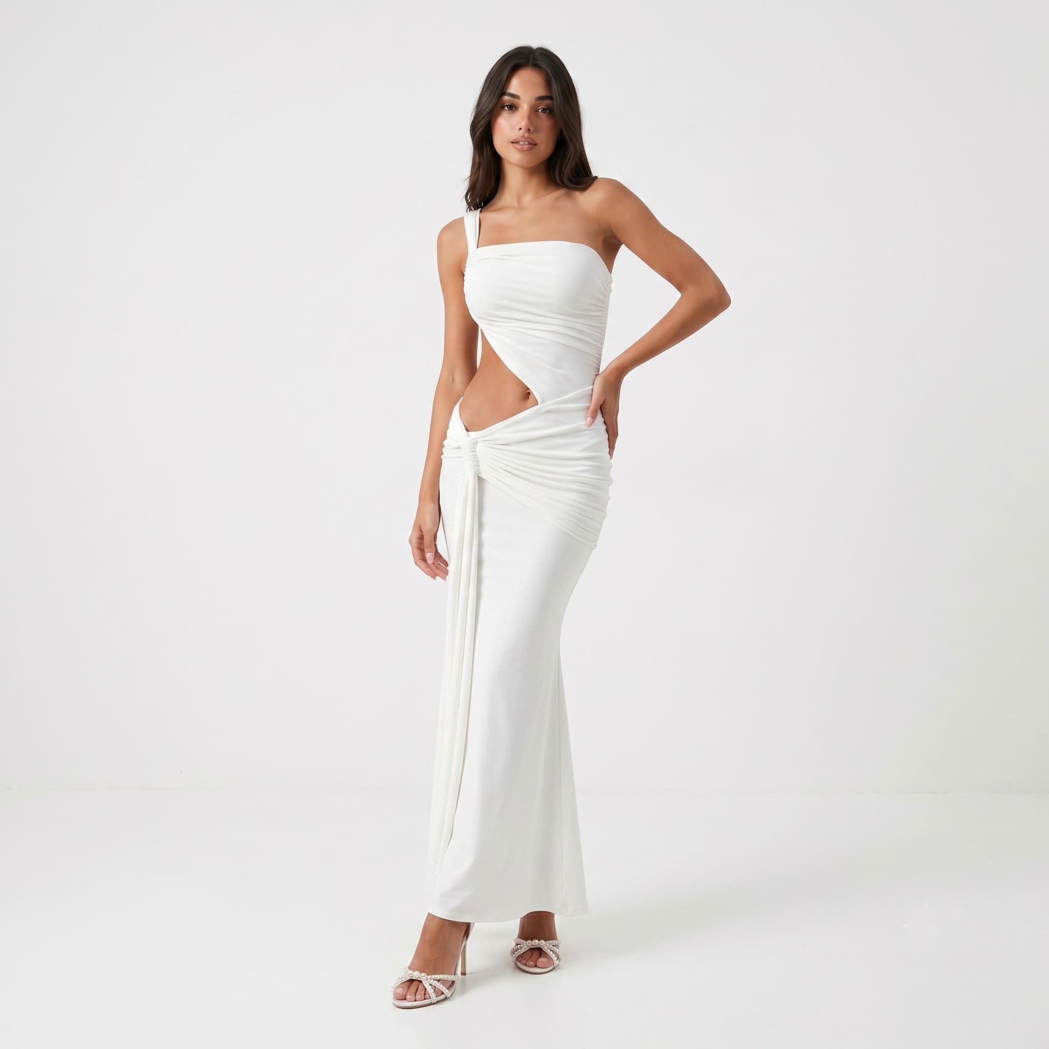 AI studio photo — white cutout maxi dress on model, second studio look