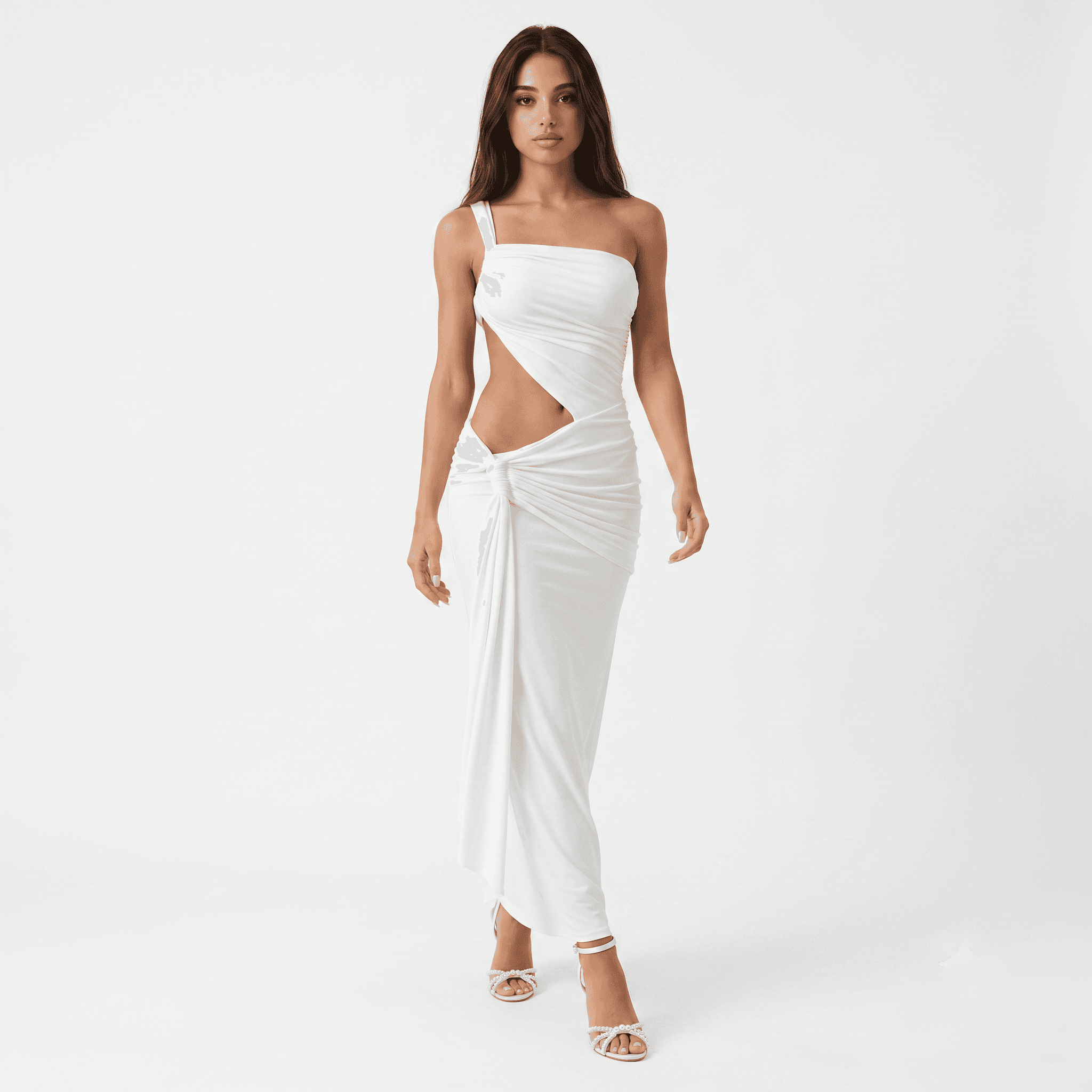 Woman in white one shoulder cutout maxi dress, front pose